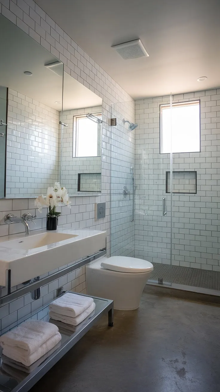 Indulge in the serenity of this small contemporary bathroom, boasting hotel-style luxury.  The modern bathroom design, complete with two sinks, elevates this primary bathroom to a tranquil oasis.