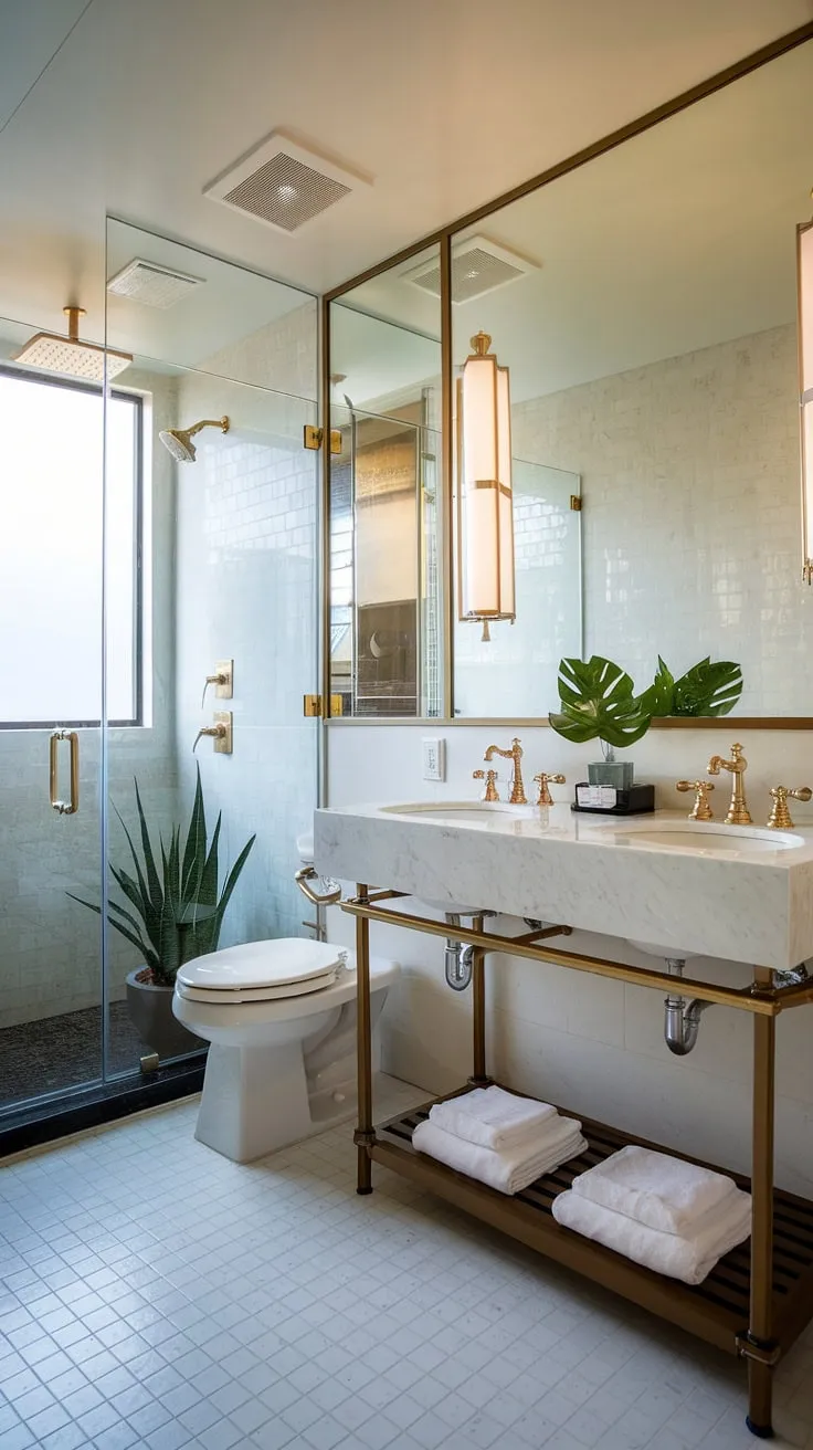 Indulge in the luxury of this small contemporary bathroom, featuring a hotel-style design and the convenience of two sinks. Modern bathroom design at its finest.