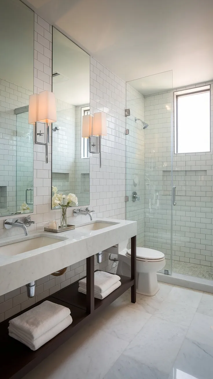 Indulge in the luxury of this small contemporary bathroom, featuring a hotel-style design and the convenience of dual sinks.  Modern bathroom design at its finest.