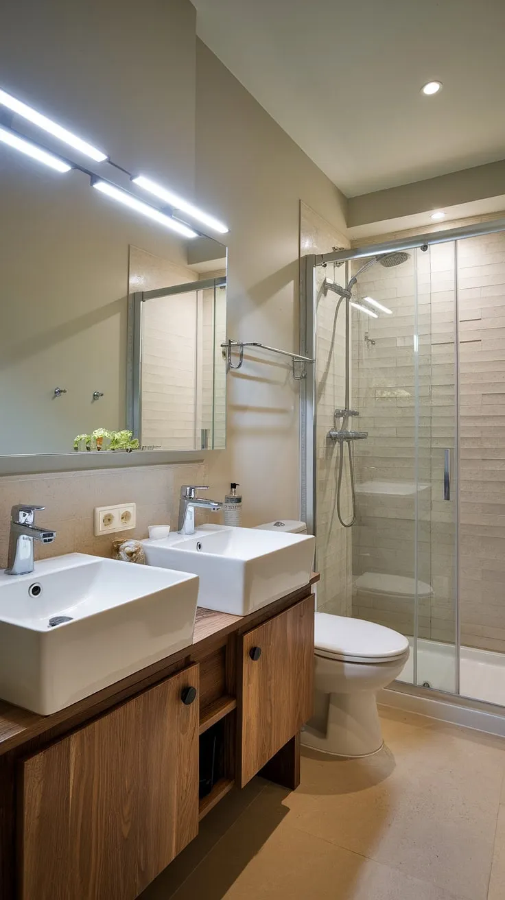 Escape to your own private oasis with this stunning hotel-style bathroom.  The modern bathroom design of this small contemporary bathroom, complete with a bathroom with two sinks, offers a luxurious primary bathroom experience without compromising on space.