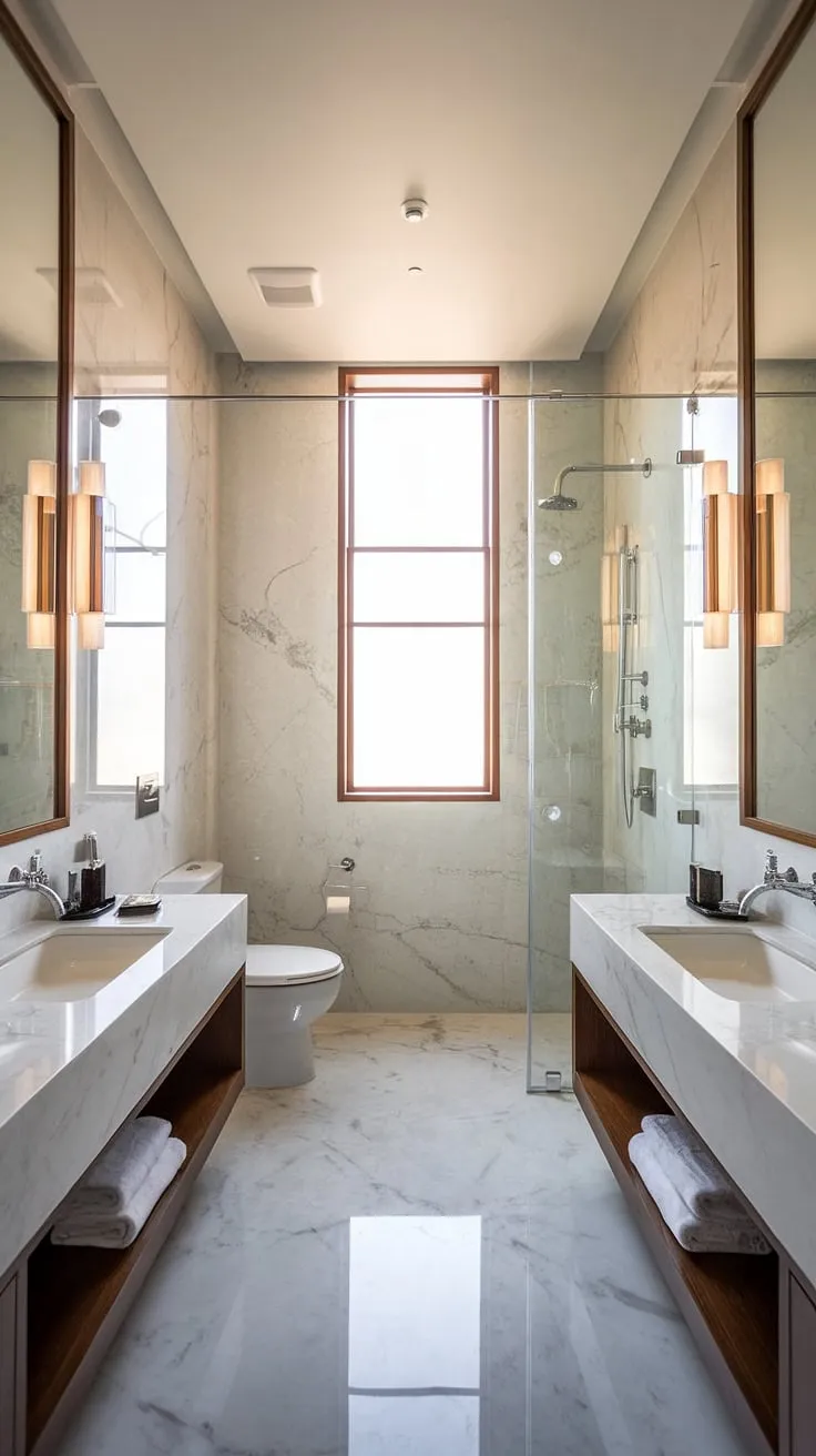This contemporary bathroom boasts a sophisticated hotel-style aesthetic, proving that even a small space can exude luxury.  The modern bathroom design is complete with the practicality of two sinks, perfect for a primary bathroom.