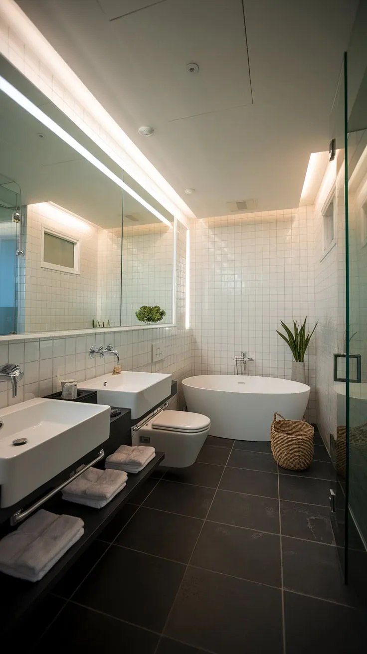 Indulge in the serenity of this small contemporary bathroom, a testament to modern bathroom design.  The luxury primary bathroom features a hotel-style layout with two sinks, maximizing space and elegance.