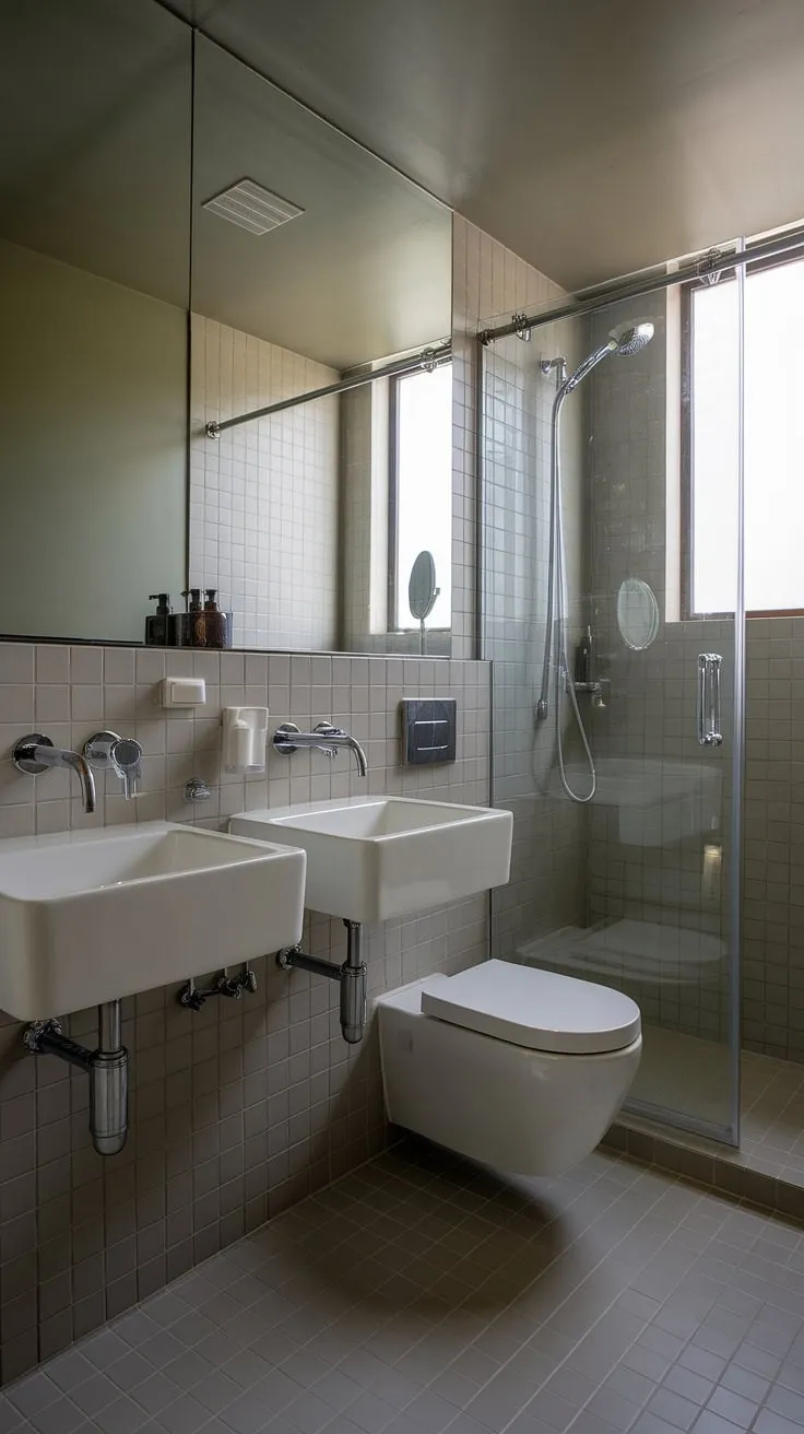 Indulge in the luxury of this small contemporary bathroom, featuring a hotel-style design and the convenience of two sinks.  Modern bathroom design at its finest.