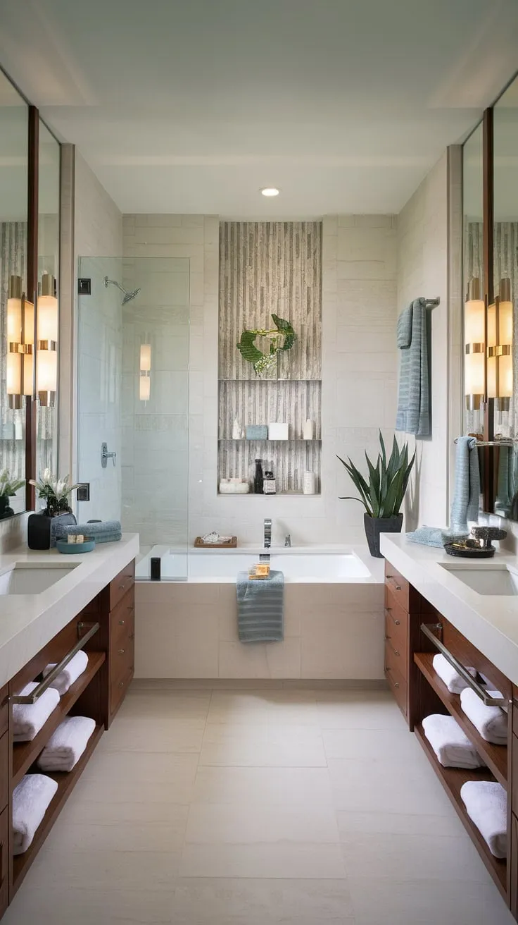 Escape to your own private oasis with this luxury primary bathroom.  The modern bathroom design, complete with a sleek shower and two sinks, offers a sophisticated yet comfortable hotel-style experience, all within a beautifully appointed small contemporary bathroom.