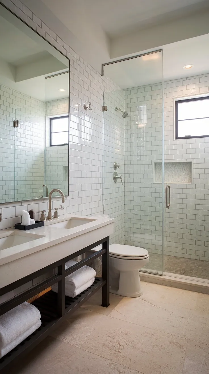 This luxury primary bathroom proves that even a small contemporary bathroom can exude hotel-style elegance.  The modern bathroom design, complete with dual sinks, elevates everyday routines.