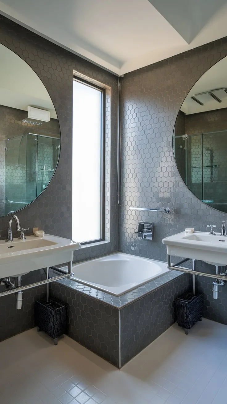 Indulge in the serenity of this small contemporary bathroom, boasting hotel-style luxury with a modern bathroom design and the convenience of two sinks.  It's the perfect blend of space-saving sophistication and high-end primary bathroom amenities.