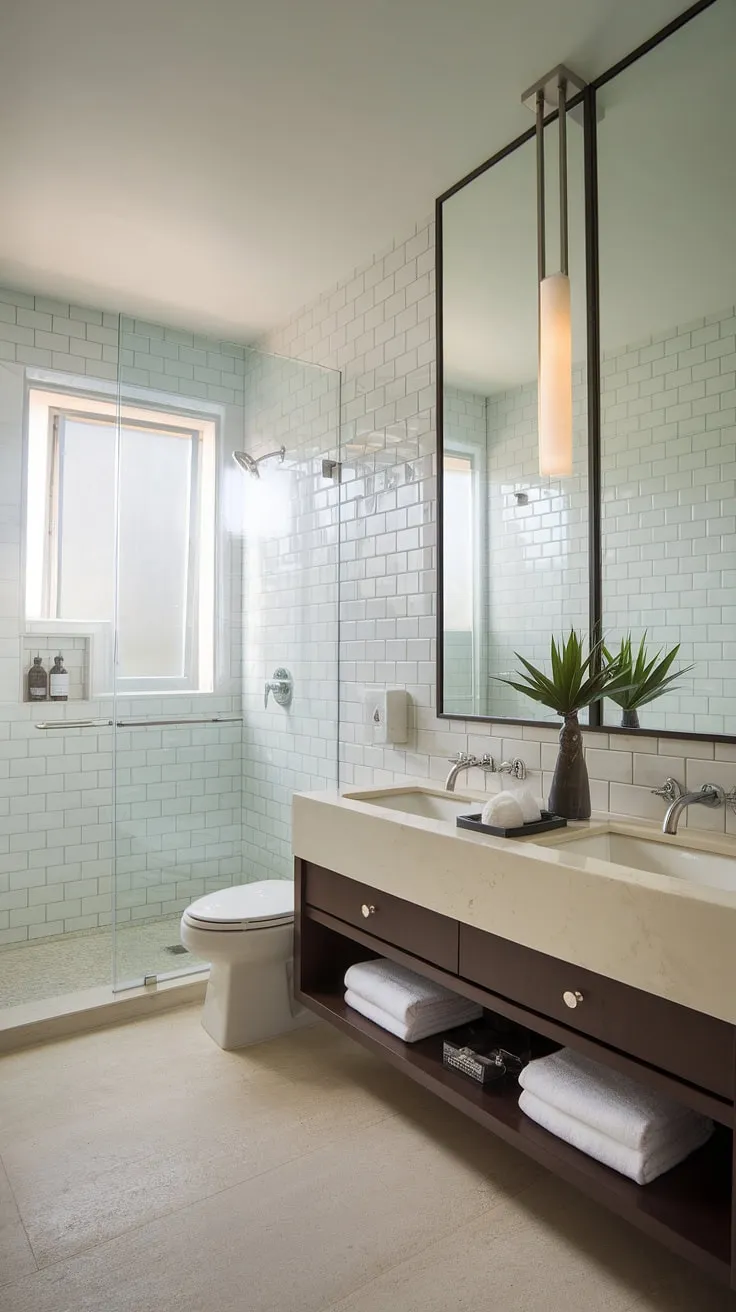 This contemporary bathroom boasts a sophisticated hotel-style aesthetic, proving that even a small space can offer the ultimate luxury primary bathroom experience with its clever use of modern bathroom design and dual sinks.