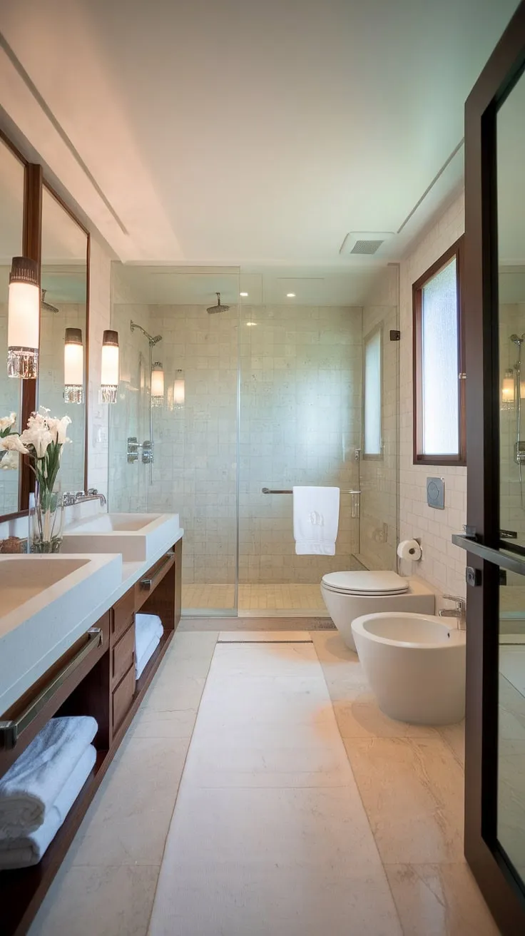Indulge in the luxury of this small contemporary bathroom, featuring a hotel-style design and the convenience of dual sinks.  Modern bathroom design meets efficient space planning in this primary bathroom oasis.