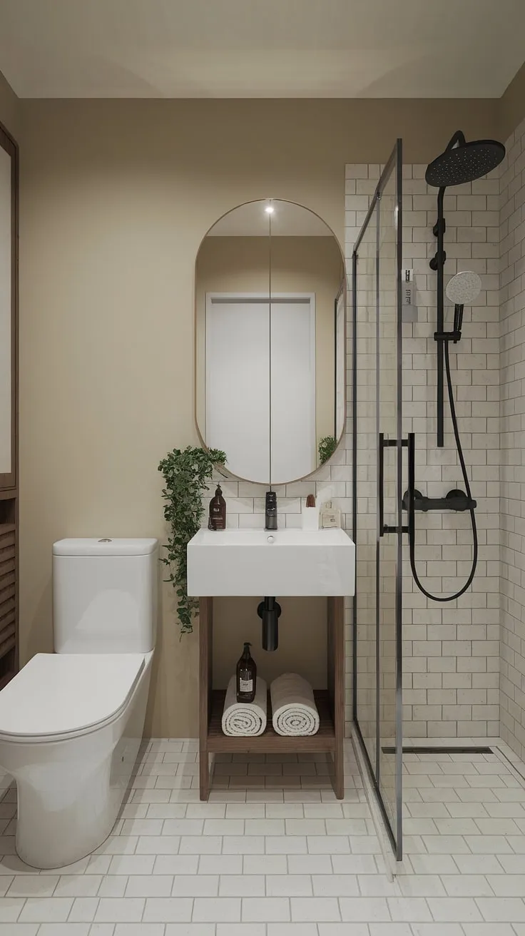 This contemporary bathroom boasts a sophisticated hotel-style aesthetic, proving that even a small space can offer the ultimate luxury primary bathroom experience with its clever use of space and dual sinks.