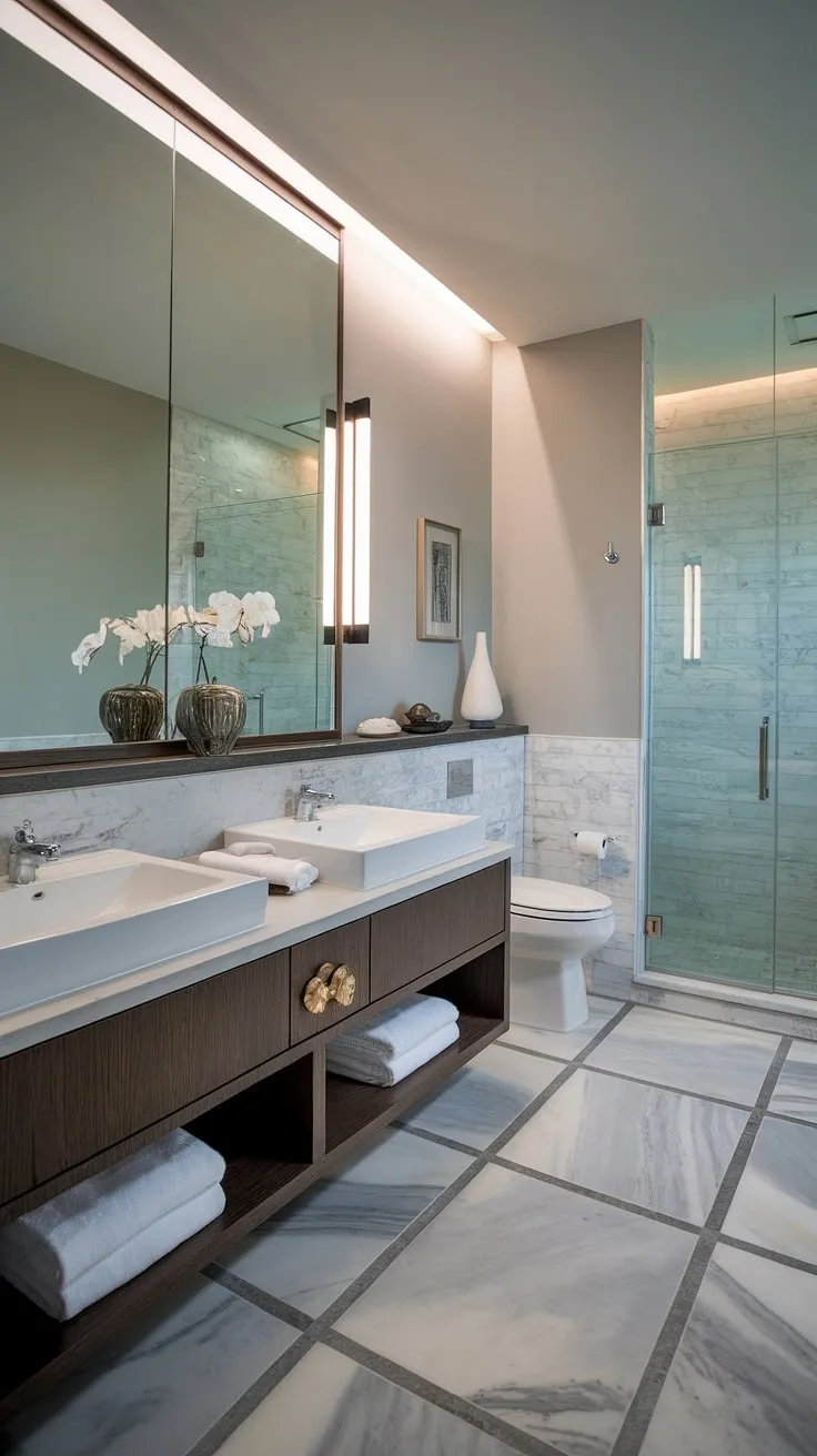 Indulge in the serenity of this small contemporary bathroom, boasting hotel-style luxury and a modern bathroom design with the convenience of two sinks.  It's the perfect blend of space-saving sophistication and high-end primary bathroom appeal.