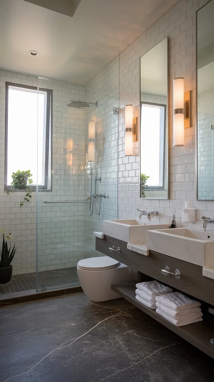 Indulge in the serenity of this small contemporary bathroom, boasting hotel-style luxury.  The modern bathroom design, complete with two sinks, elevates this primary bathroom to a tranquil oasis.