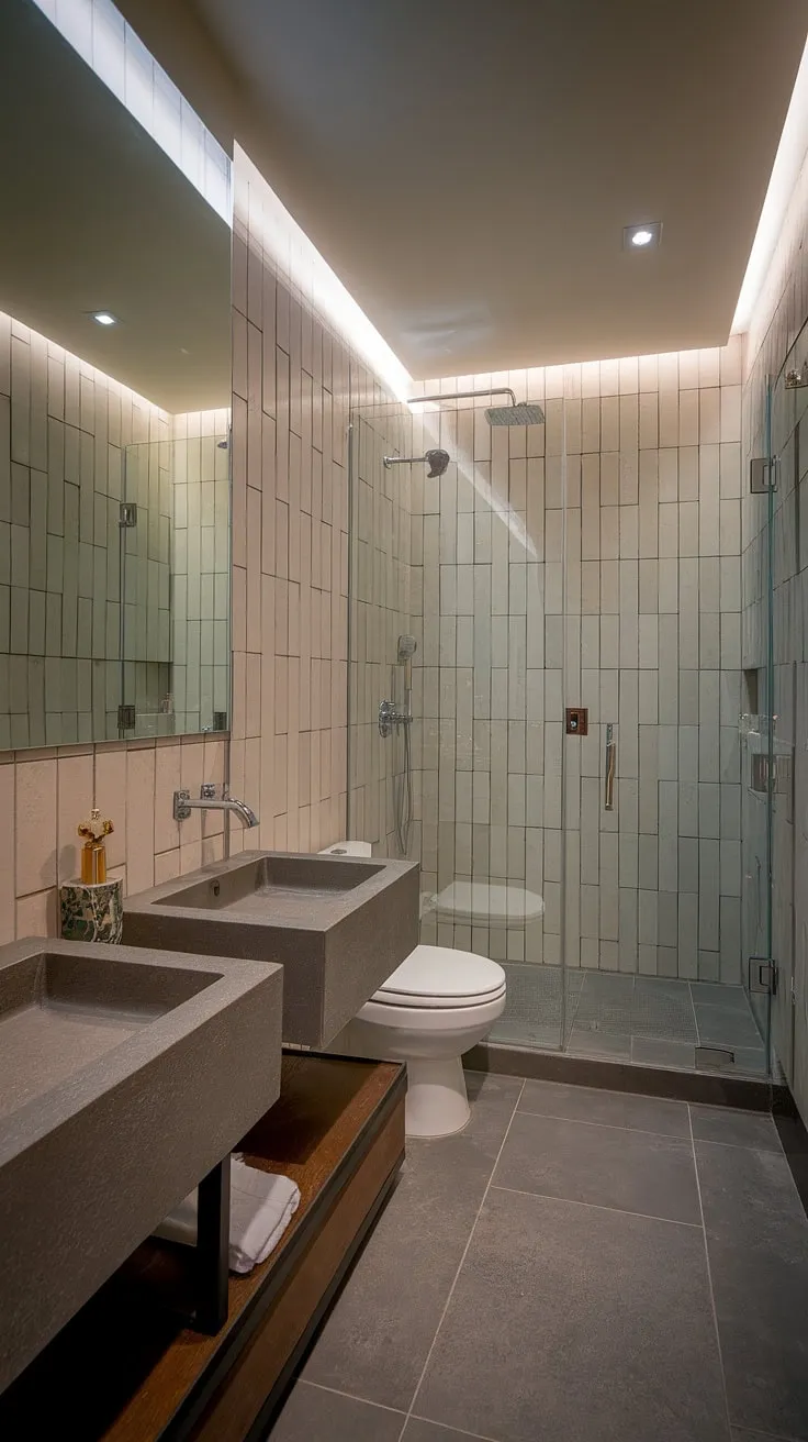 Indulge in the serenity of this small contemporary bathroom, boasting hotel-style luxury.  The modern bathroom design, complete with two sinks, elevates this primary bathroom to a tranquil oasis.