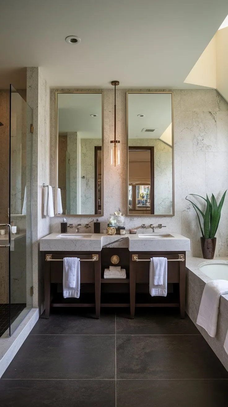 This contemporary bathroom boasts a sophisticated hotel-style aesthetic, proving that even a small space can offer the ultimate luxury primary bathroom experience with its clever use of space and dual sinks.