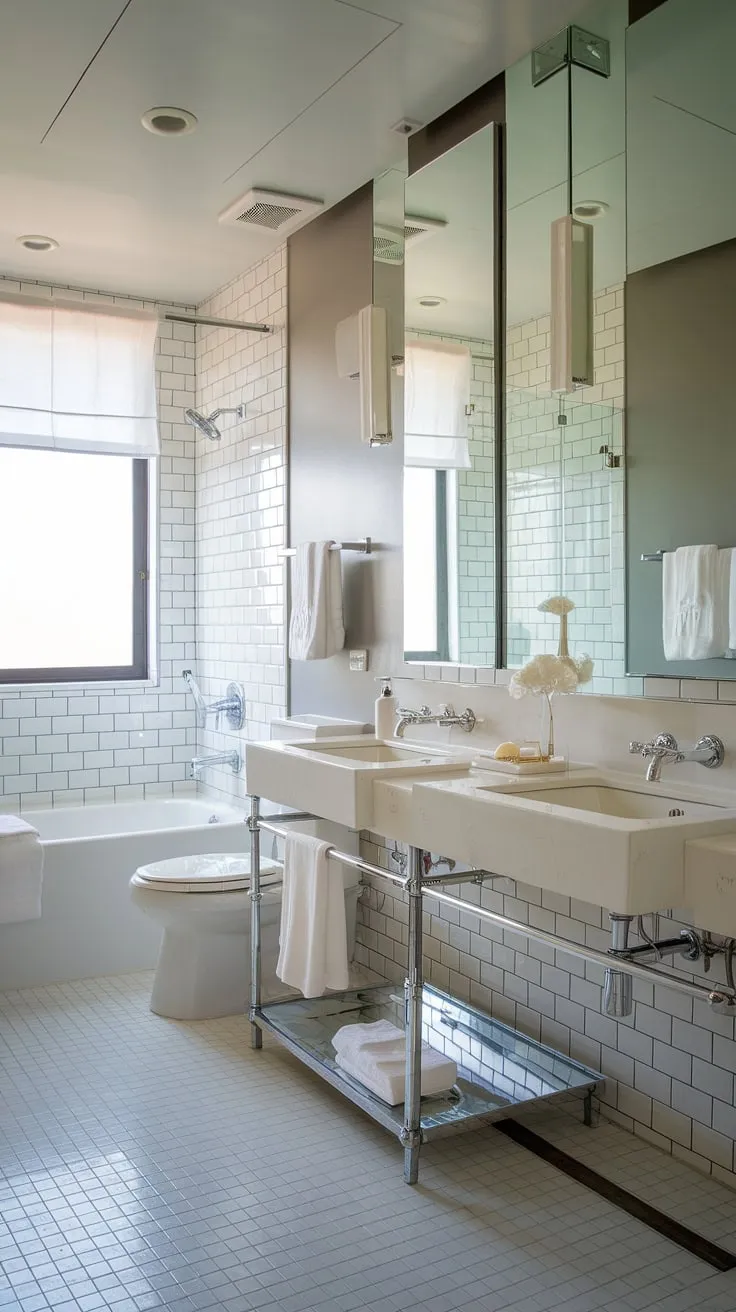This contemporary bathroom boasts a sophisticated hotel-style aesthetic, proving that even a small space can offer the ultimate luxury primary bathroom experience with its clever use of space and dual sinks.
