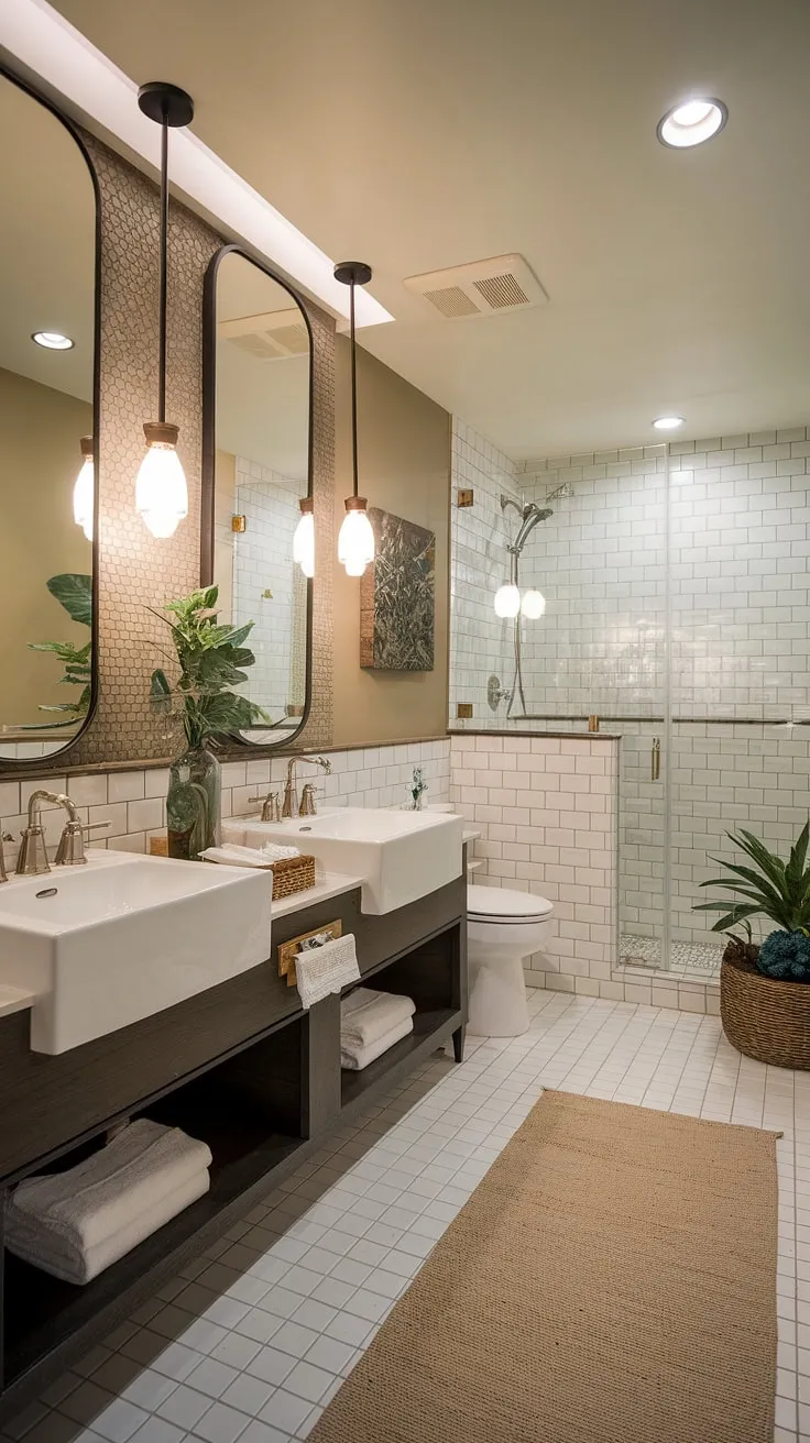 Indulge in the luxury of this small contemporary bathroom, featuring a hotel-style design and the convenience of dual sinks.  Modern bathroom design at its finest.