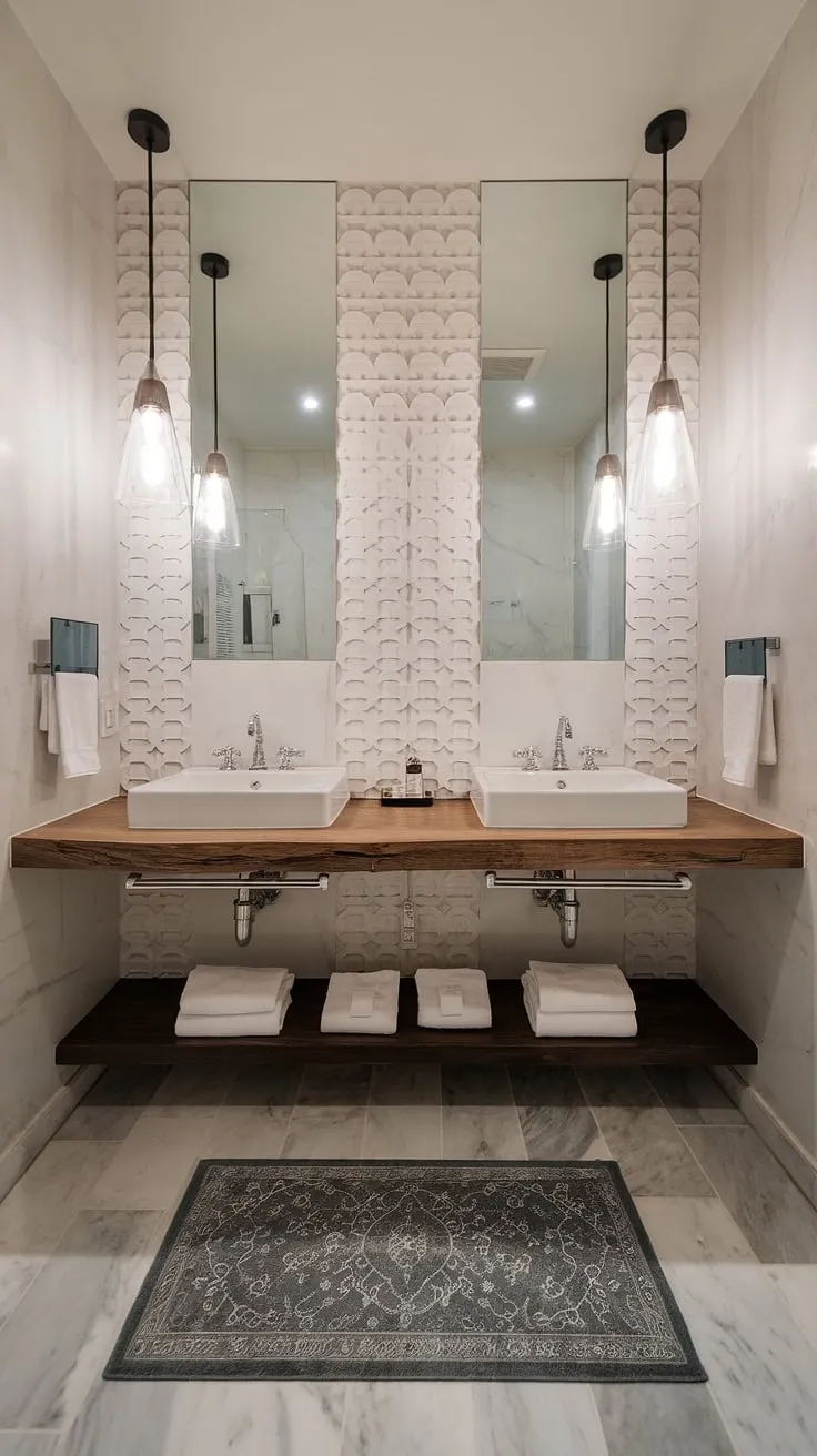 This luxury primary bathroom redefines small-space living.  The contemporary bathroom design, featuring two sinks and a hotel-style aesthetic, creates a haven of modern elegance, proving that even a small contemporary bathroom can be incredibly luxurious.