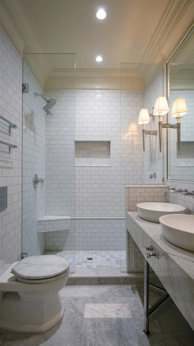 Indulge in the serenity of this small yet luxurious primary bathroom.  The contemporary design, featuring a hotel-style aesthetic and two sinks, maximizes space and elevates the modern bathroom design to new heights.  A perfect blend of style and functionality for the contemporary home.