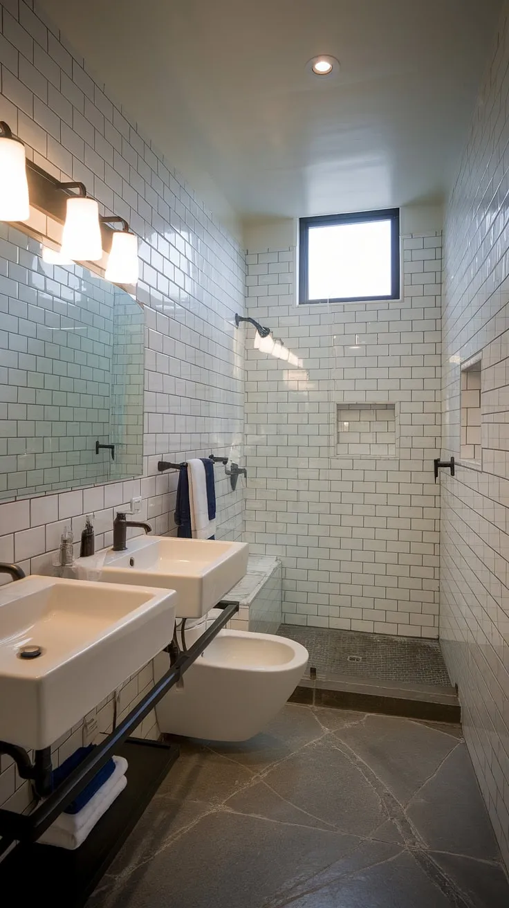 Escape to your own private oasis with this stunning small contemporary bathroom.  The modern bathroom design, complete with two sinks and hotel-style amenities, creates a luxurious primary bathroom experience, even in a compact space.