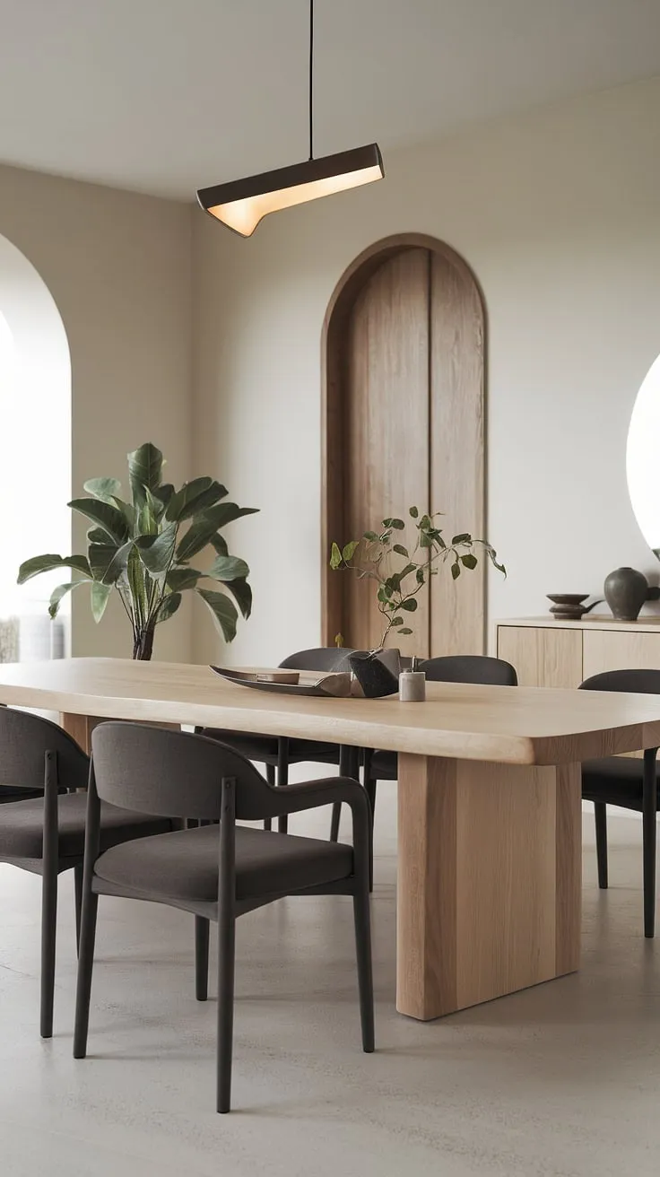 Find your dining room inspiration in this stunning organic modern dining room.  The modern dining room design features a captivating dining table design and thoughtfully chosen dining room decor, resulting in a contemporary dining room that's both stylish and inviting.  A true testament to exceptional dining room interiors.