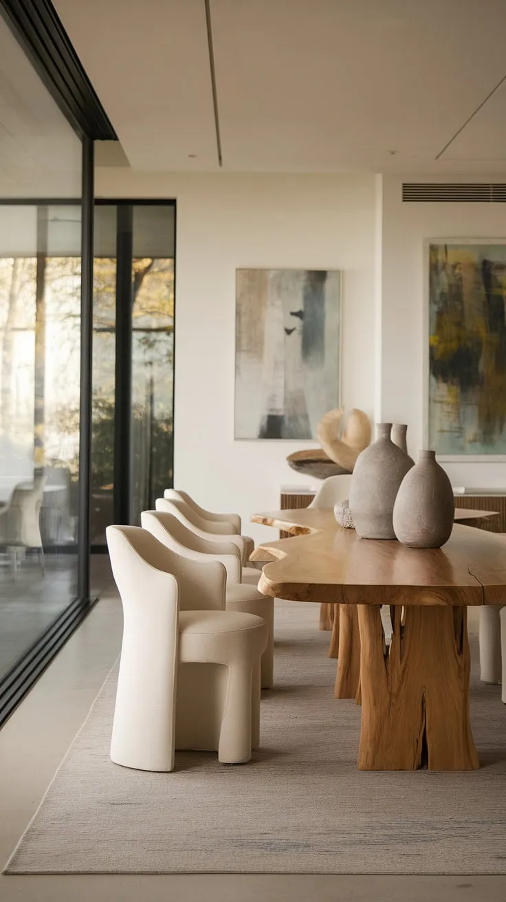 Find your dining room inspiration in this stunning organic modern dining room. The modern dining room design seamlessly blends natural elements with contemporary lines, creating a sophisticated and welcoming atmosphere.  The carefully curated dining room decor and unique dining table design, set against the backdrop of a sun-drenched space, make this a perfect example of exceptional dining room interiors.