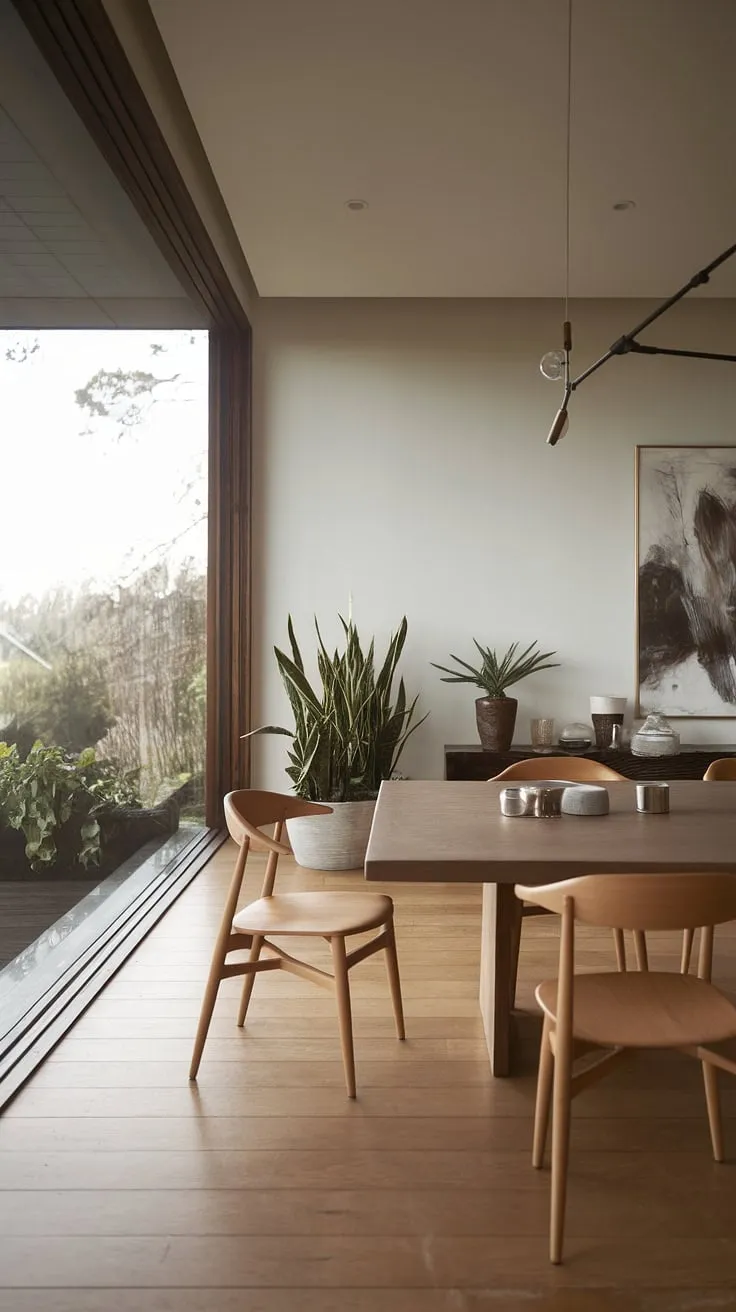 Find your dining room inspiration in this stunning organic modern dining room. The modern dining room design is effortlessly chic, featuring a captivating dining table design and thoughtful dining room decor that elevates the space to a new level of contemporary dining room interiors.