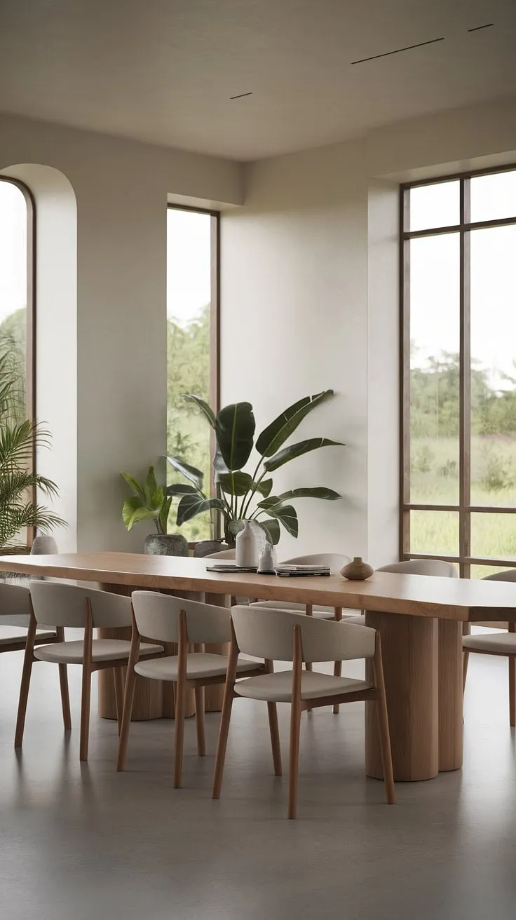 Modern dining room design meets organic modern sensibilities in this stunning space.  The light-filled room, with its expansive windows overlooking a verdant landscape, provides the perfect backdrop for this contemporary dining room.  The simple yet elegant dining table design, accented by light-colored chairs and potted plants, creates a welcoming and sophisticated atmosphere.  Find your dining room inspiration in this beautiful example of dining room interiors and dining room decor.