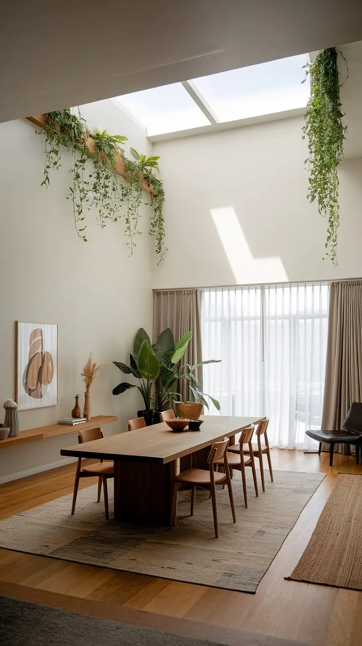 This organic modern dining room is the epitome of contemporary dining room design.  The high ceilings and abundant natural light enhance the warmth of the solid wood dining table, while the carefully chosen dining room decor and thoughtful dining room interiors create a space brimming with dining room inspiration.  The overall effect is a sophisticated and welcoming atmosphere, showcasing a truly unique dining table design.