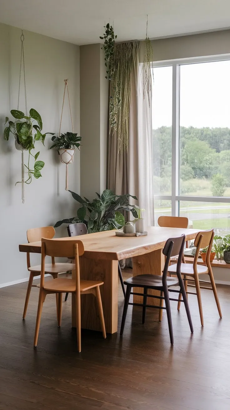 This contemporary dining room showcases organic modern design at its finest.  The sophisticated dining table design and carefully curated dining room decor create a space brimming with dining room inspiration, perfect for modern dining room design enthusiasts seeking elegant dining room interiors.