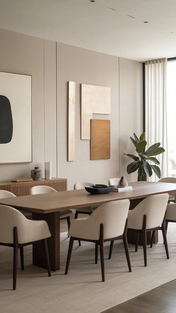This contemporary dining room seamlessly blends organic modern design elements, creating a space that's both stylish and inviting.  The dining table design is a focal point, showcasing the sophisticated simplicity of the modern dining room design.  Find inspiration for your own dining room interiors with this stunning example of dining room decor.