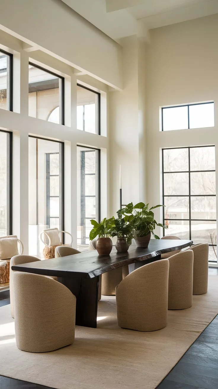This contemporary dining room showcases organic modern design at its finest.  The sophisticated dining table design and carefully curated dining room decor create a space brimming with dining room inspiration, perfect for both intimate gatherings and grand celebrations.  The overall dining room interiors exude a sense of calm and effortless style.