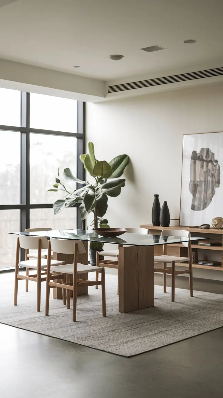 Find your dining room inspiration in this organic modern dining room. The clean lines and natural materials create a serene and sophisticated atmosphere. This modern dining room design, featuring a unique dining table design, is a testament to the beauty of contemporary dining room decor.