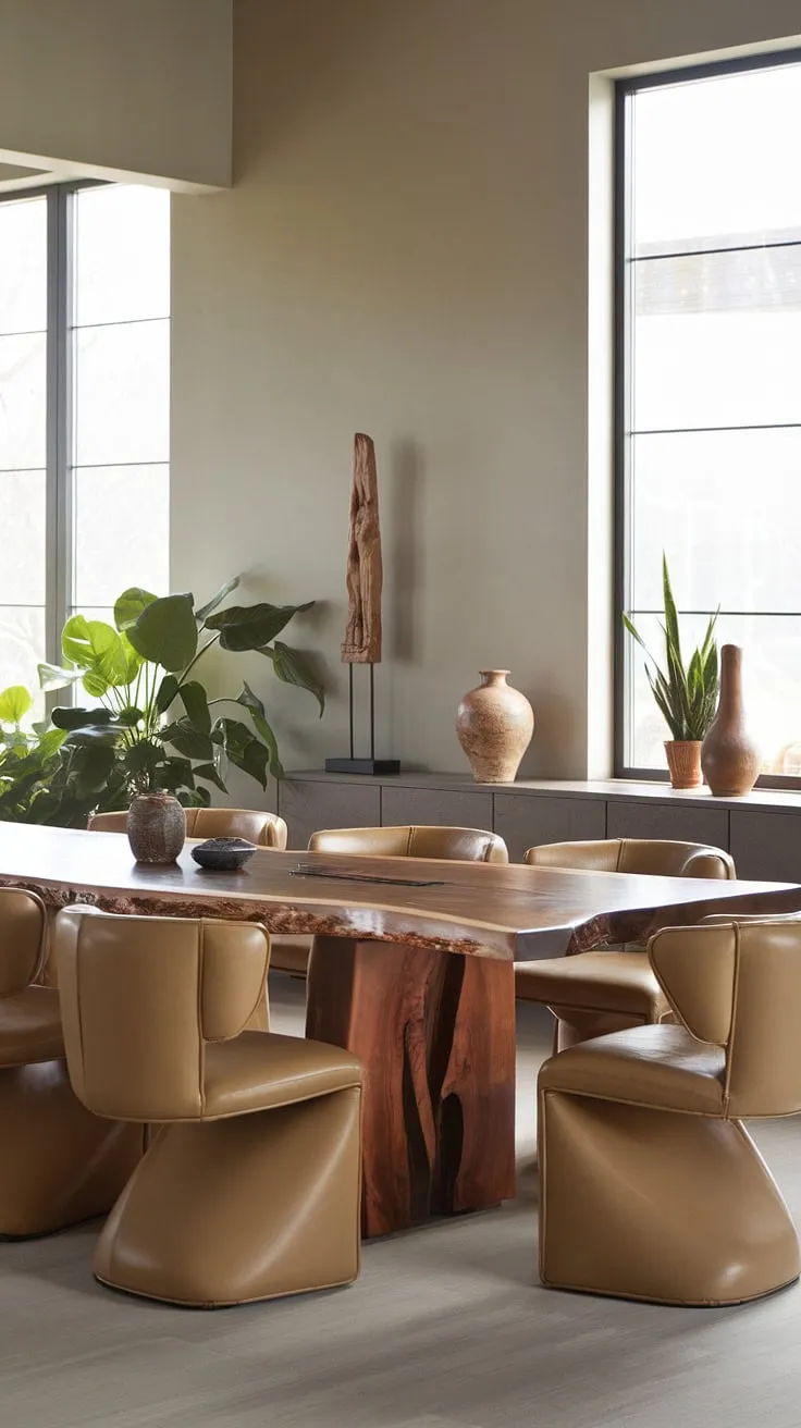 Find your dining room inspiration in this stunning organic modern dining room. The modern dining room design is effortlessly chic, featuring a captivating dining table design and thoughtful dining room decor that elevates the space to a new level of contemporary dining room interiors.