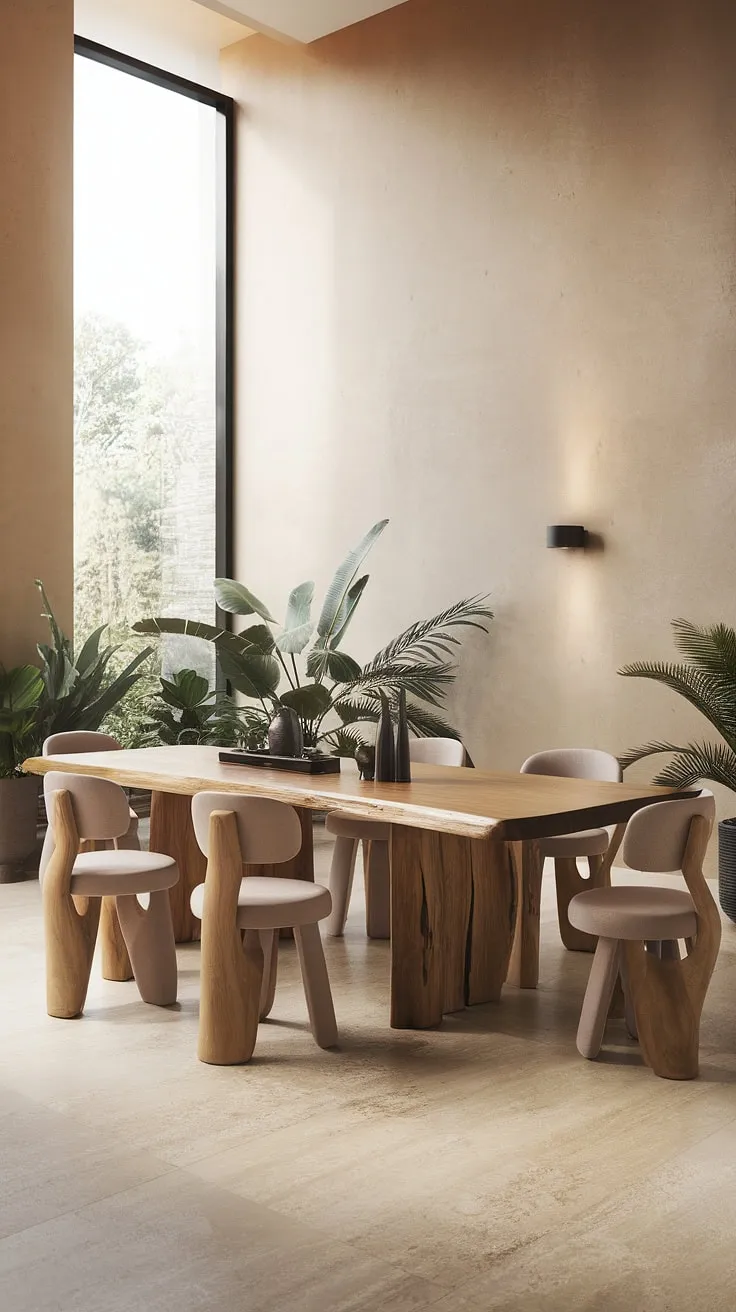 Find your dining room inspiration in this stunning organic modern dining room. The modern dining room design is effortlessly chic, featuring a captivating dining table design and thoughtfully chosen dining room decor, making it the epitome of contemporary dining room interiors.