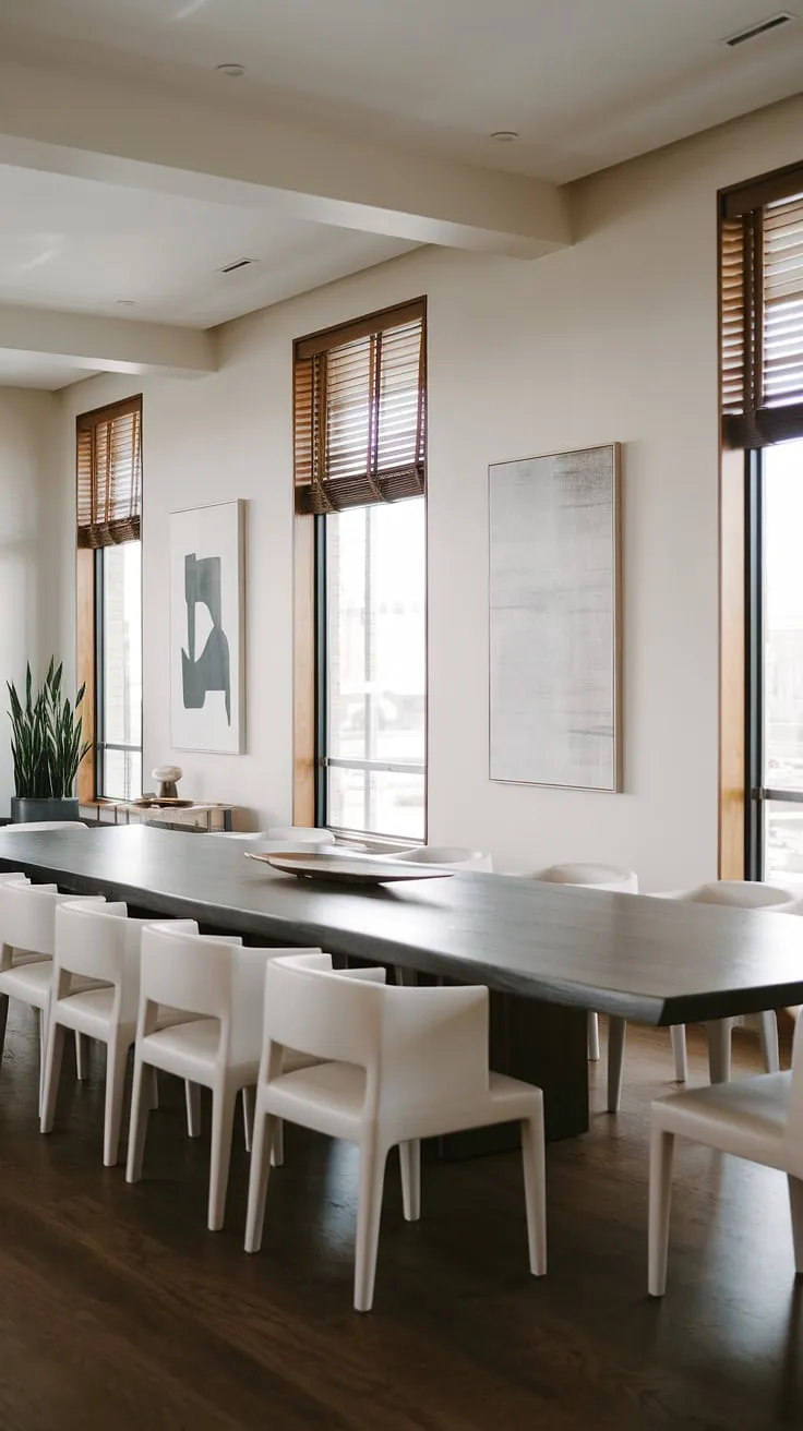 Find dining room inspiration in this organic modern dining room. The interplay of dark wood and white creates a clean, contemporary feel, while the abstract art adds personality. This modern dining room design is a masterclass in dining room interiors, showcasing a beautiful dining table design and thoughtful dining room decor.  The result is a sophisticated and welcoming contemporary dining room.