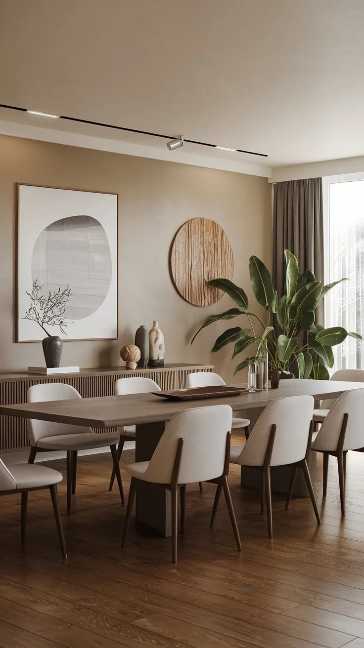 Find your dining room inspiration in this stunning organic modern dining room. The modern dining room design is effortlessly chic, featuring a captivating dining table design and thoughtfully chosen dining room decor, all contributing to the overall beauty of these exceptional dining room interiors.