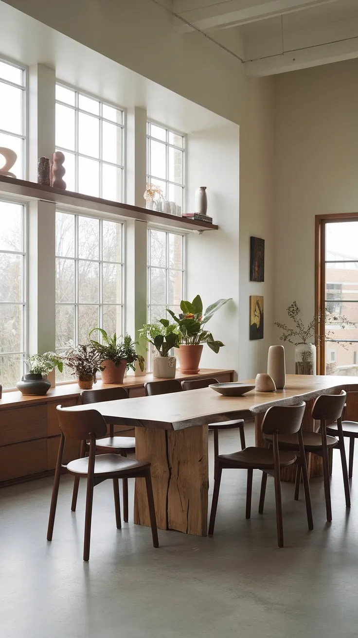 Find your dining room inspiration in this stunning organic modern dining room. The modern dining room design is effortlessly chic, featuring a captivating dining table design and thoughtfully chosen dining room decor.  A perfect example of contemporary dining room interiors.
