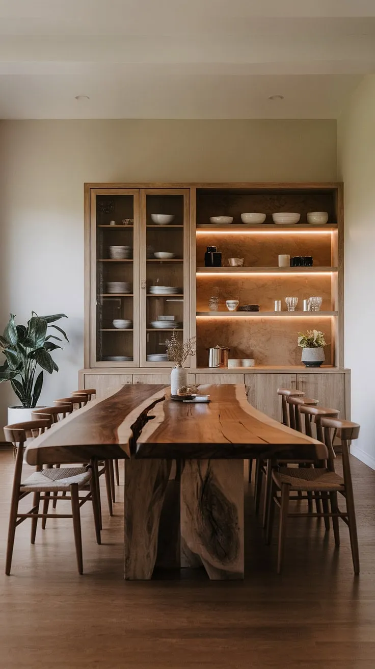 This contemporary dining room showcases organic modern design at its finest.  The sophisticated dining table design and carefully curated dining room decor create a space brimming with dining room inspiration, perfect for modern dining room design enthusiasts seeking elegant dining room interiors.