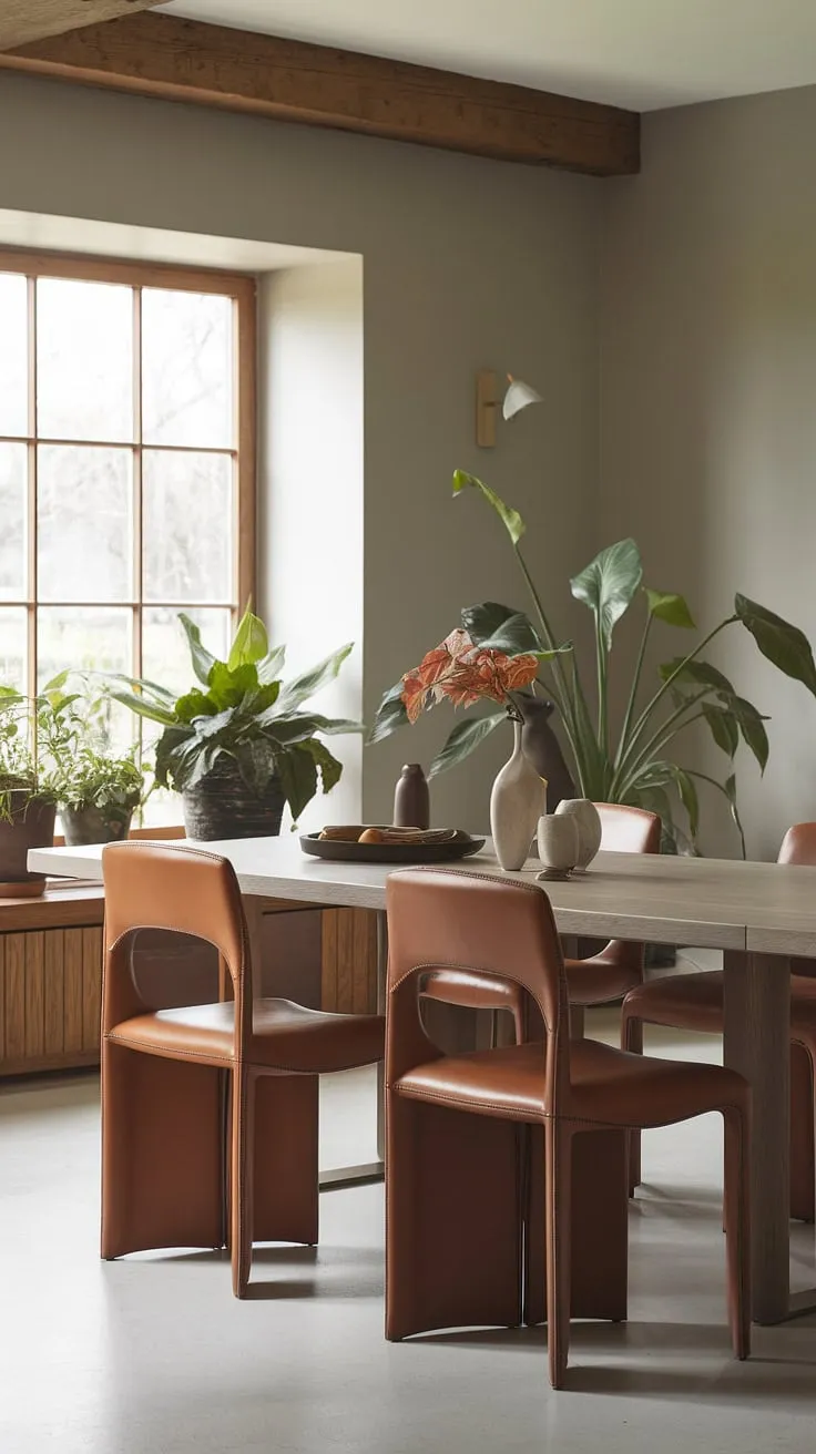 This contemporary dining room showcases organic modern design at its finest.  The sophisticated dining table design and carefully curated dining room decor create a space brimming with dining room inspiration, perfect for both intimate gatherings and grand celebrations.  The overall dining room interiors exude a sense of calm and effortless elegance.