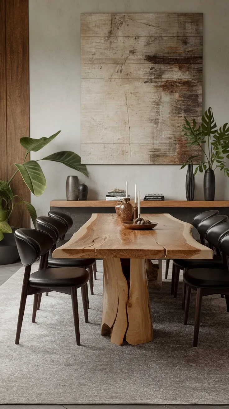 This contemporary dining room embodies organic modern design, showcasing a stunning dining table design and impeccable dining room decor.  The result?  A space brimming with dining room inspiration and sophisticated dining room interiors that redefine modern dining room design.