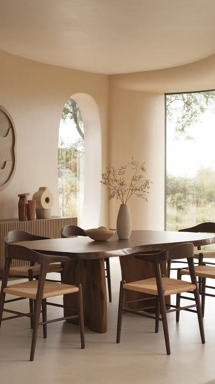 Find your dining room inspiration in this stunning organic modern dining room. The modern dining room design is effortlessly chic, featuring a captivating dining table design and thoughtfully chosen dining room decor, all contributing to the overall beauty of these exceptional dining room interiors.