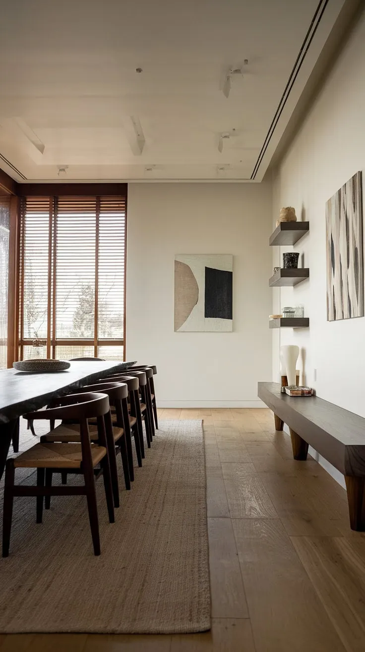 Find your dining room inspiration in this organic modern dining room.  The thoughtful dining room decor, including the carefully chosen dining table design and dark wooden chairs, creates a warm and inviting atmosphere. This modern dining room design perfectly balances contemporary style with natural elements, making it the ultimate example of beautiful dining room interiors.