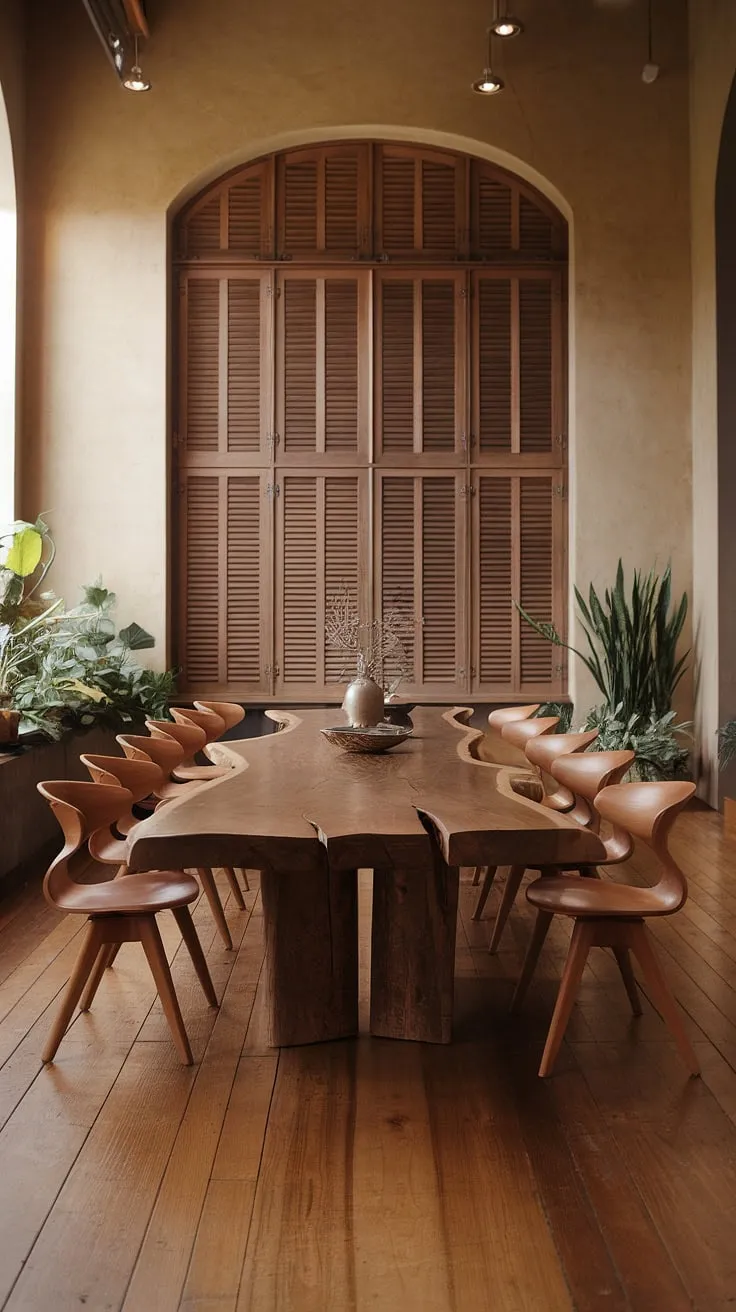Warmth and natural beauty define this contemporary dining room. The organic modern dining table, a stunning centerpiece of the modern dining room design, is perfectly complemented by minimalist chairs and the soft glow of natural light streaming through wooden shutters. This dining room inspiration showcases exquisite dining room interiors and exceptional dining table design, creating a space that's both stylish and inviting.
