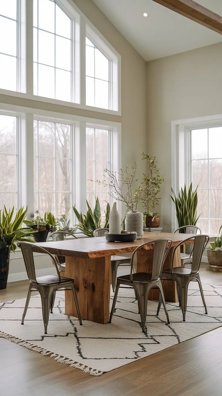 Find your dining room inspiration in this organic modern dining room. The modern dining room design is effortlessly chic, featuring a stunning dining table design and thoughtfully chosen dining room decor.  This space perfectly exemplifies contemporary dining room aesthetics and elevates dining room interiors to a new level.
