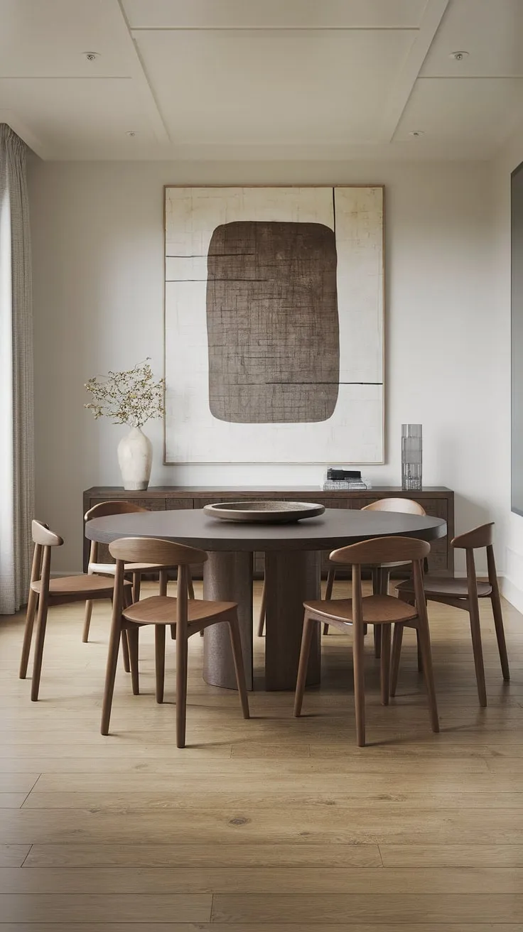 This contemporary dining room showcases organic modern design at its finest.  The sophisticated dining table design and carefully curated dining room decor create a space brimming with dining room inspiration, perfect for modern dining room design enthusiasts seeking elegant dining room interiors.