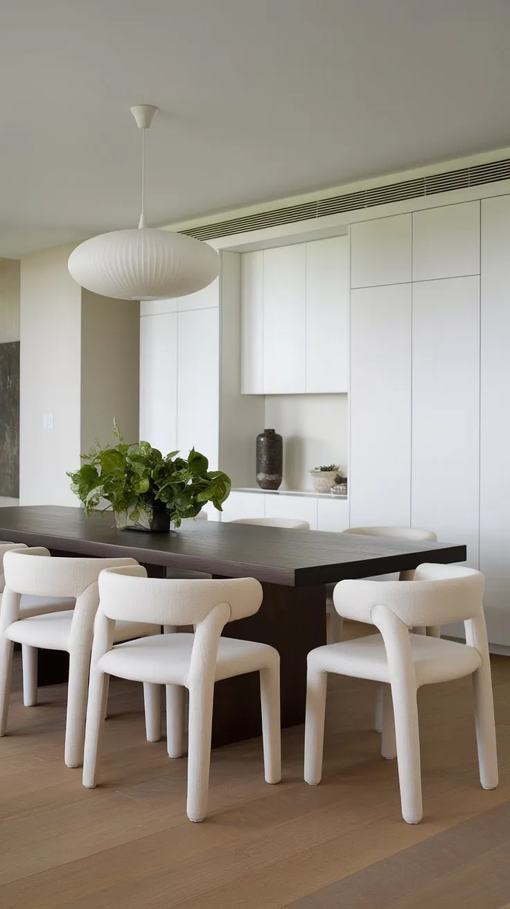 This contemporary dining room embodies organic modern design, showcasing a stunning dining table design and sophisticated dining room decor.  The result is a space brimming with dining room inspiration, a perfect example of modern dining room design and effortlessly chic dining room interiors.