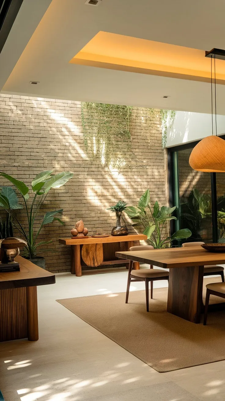 This contemporary dining room showcases organic modern design at its finest.  The sophisticated dining table design and carefully curated dining room decor create a space brimming with dining room inspiration, perfect for modern dining room design enthusiasts seeking elegant dining room interiors.
