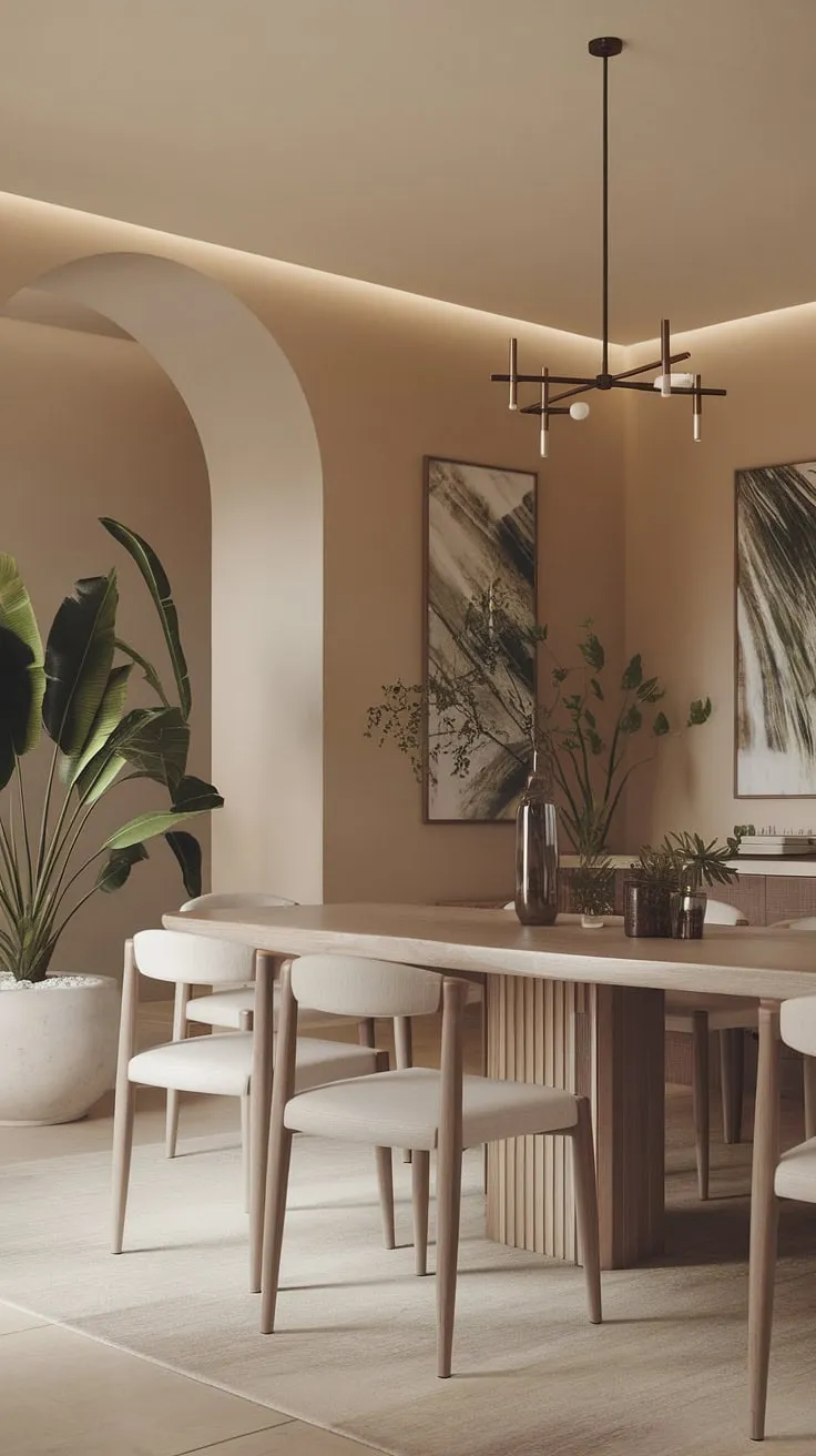 Find your dining room inspiration in this stunning organic modern dining room.  The modern dining room design is effortlessly chic, featuring a captivating dining table design and thoughtfully chosen dining room decor, all contributing to the overall beauty of these exceptional dining room interiors.