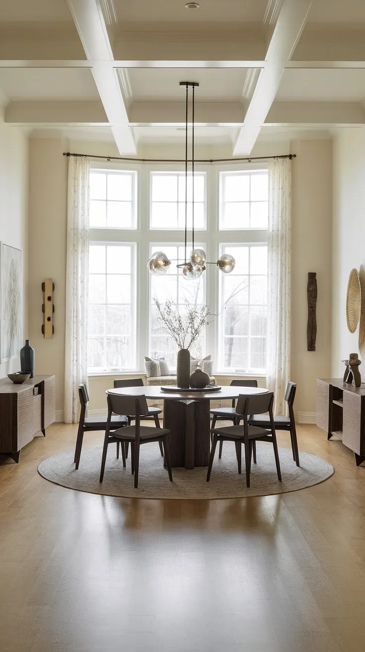 This contemporary dining room showcases organic modern design at its finest.  The sophisticated dining table design and carefully curated dining room decor create a space brimming with dining room inspiration, perfect for modern dining room design enthusiasts seeking stylish dining room interiors.
