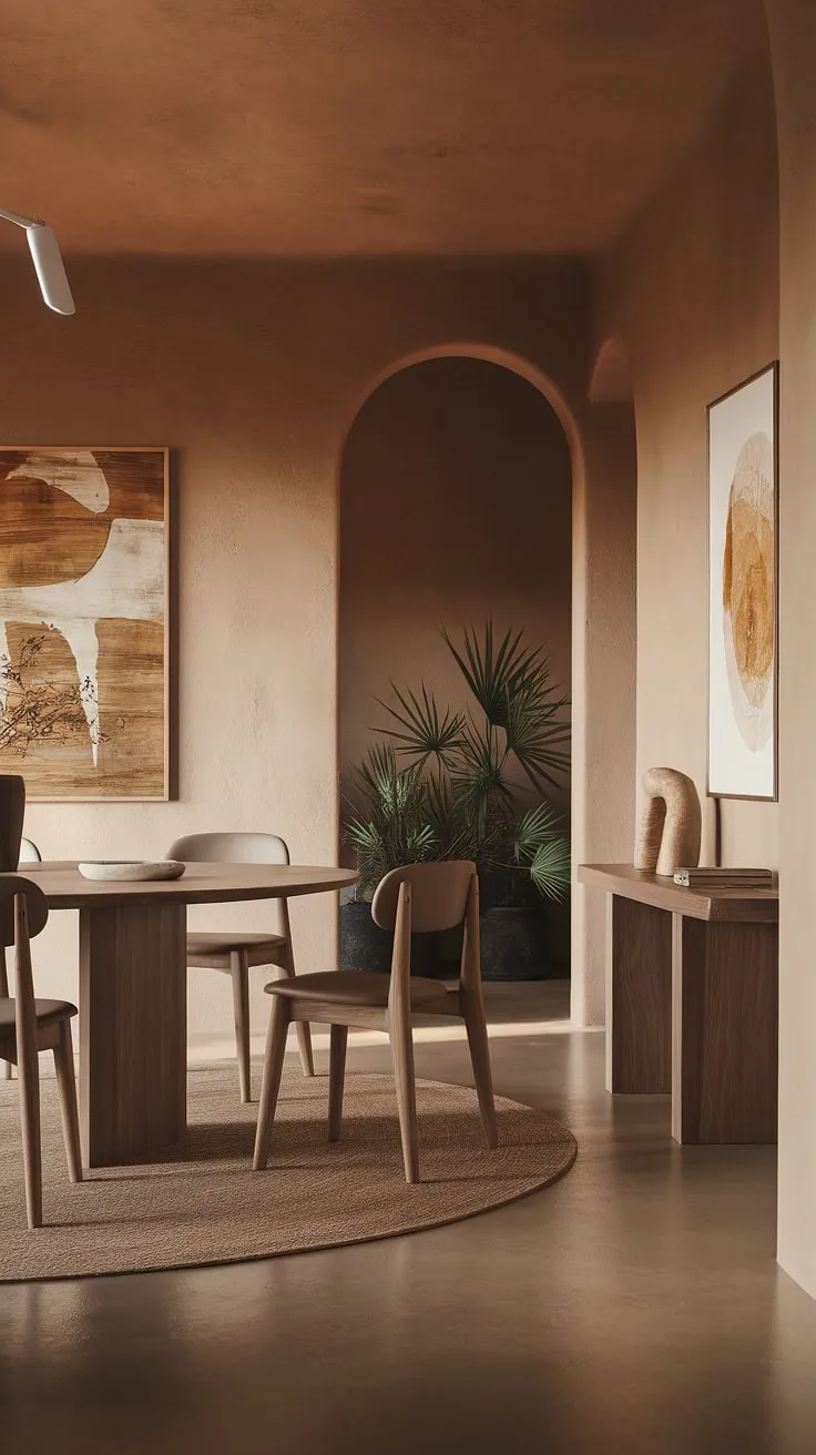 Find your dining room inspiration in this organic modern dining room. The contemporary dining room design effortlessly combines natural materials with clean lines, creating a space that's both sophisticated and relaxed.  The modern dining room design is highlighted by the carefully curated dining room decor and thoughtful dining table design.  This is dining room interiors at its finest.