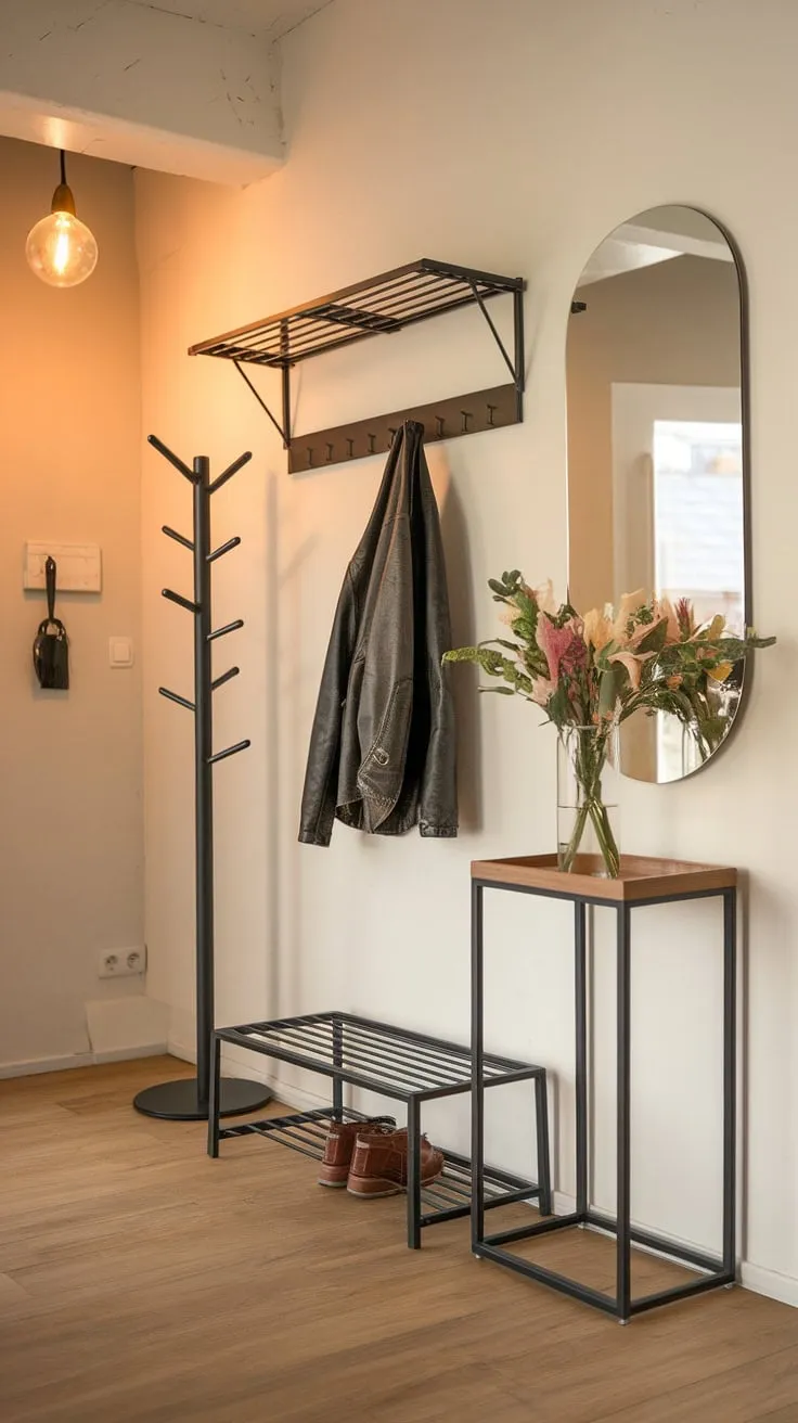 This elegant entryway showcases the beauty of simplicity.  A minimalist console table anchors this modern entryway, creating a cozy hallway and offering stylish entryway ideas for apartments.  Explore minimalist hallway and contemporary entryway design with this space.